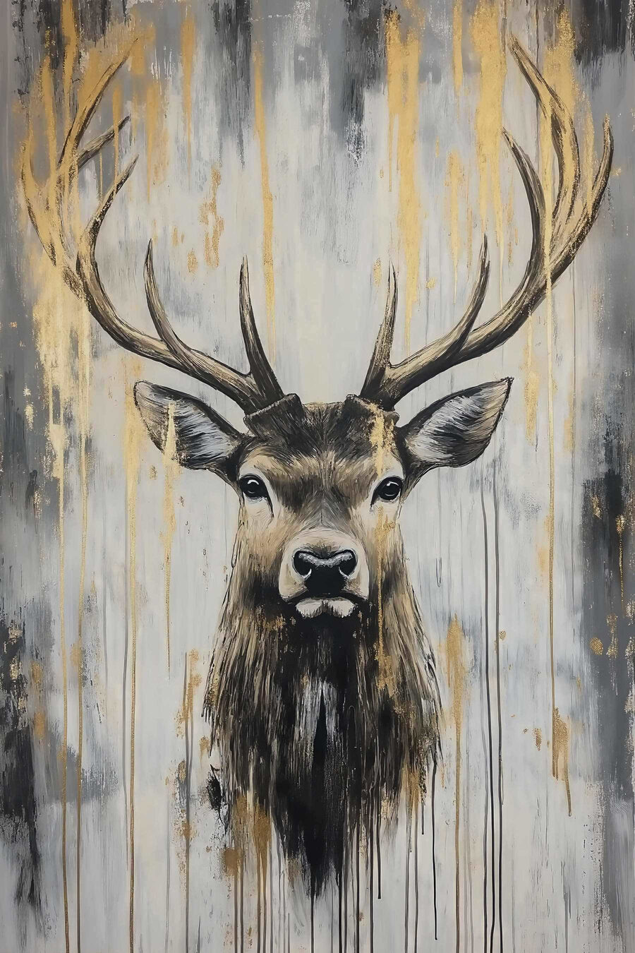 Hirsch zwischen goldenen Pinselstrichen — ganzes Design