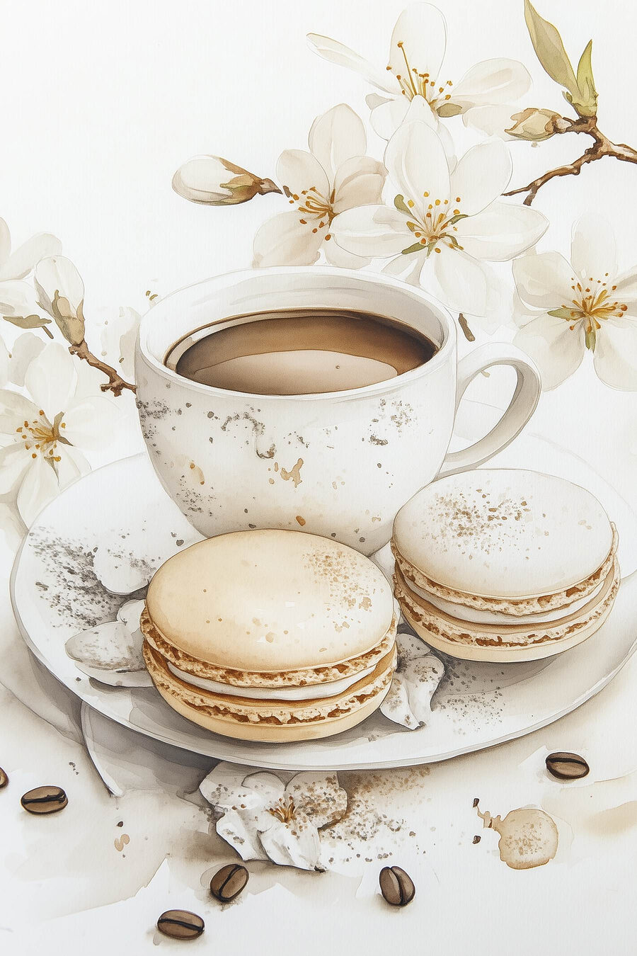 Weiße Blüten und Kaffeetasse — ganzes Design