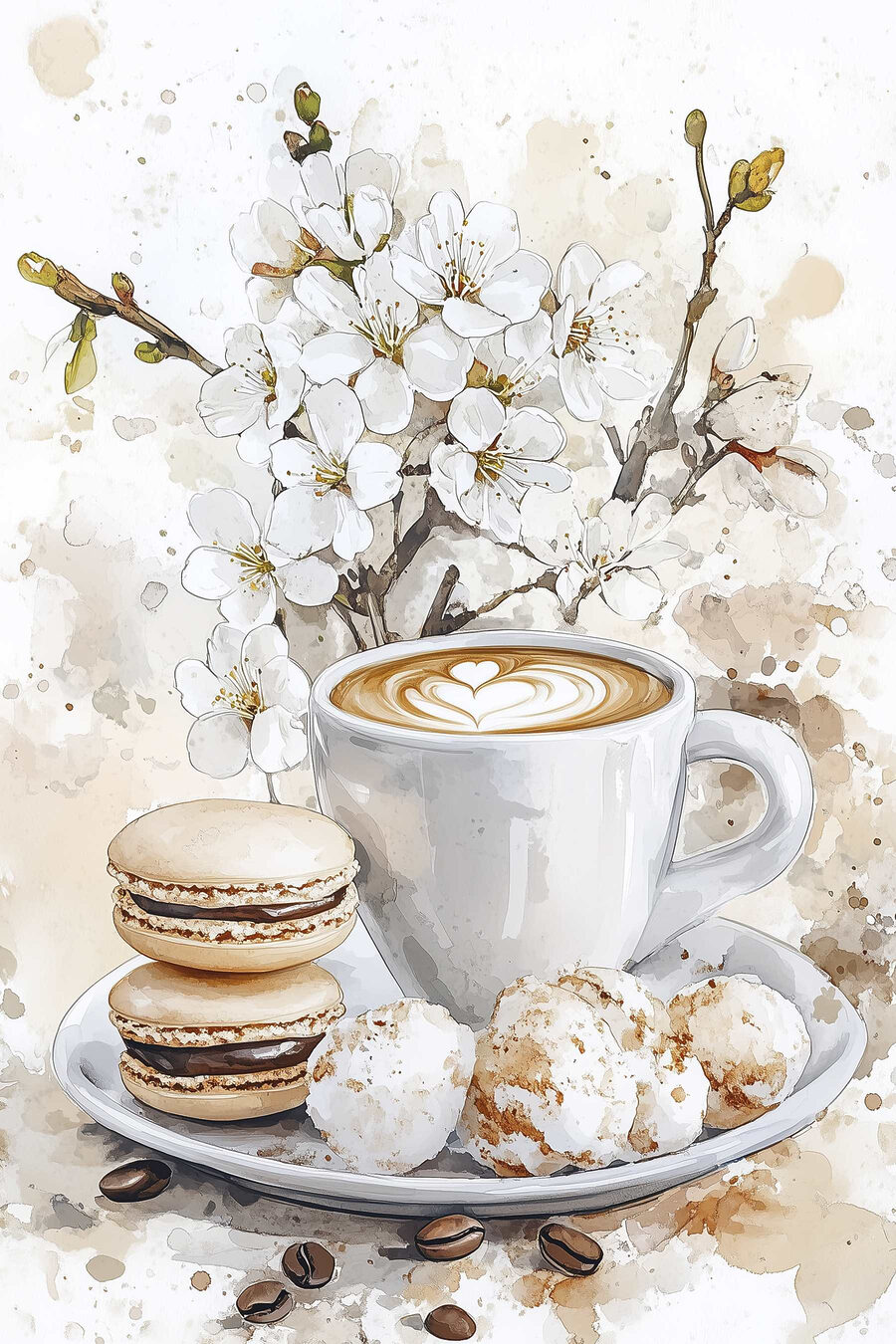 Cappuccino und weiße Blüten — ganzes Design