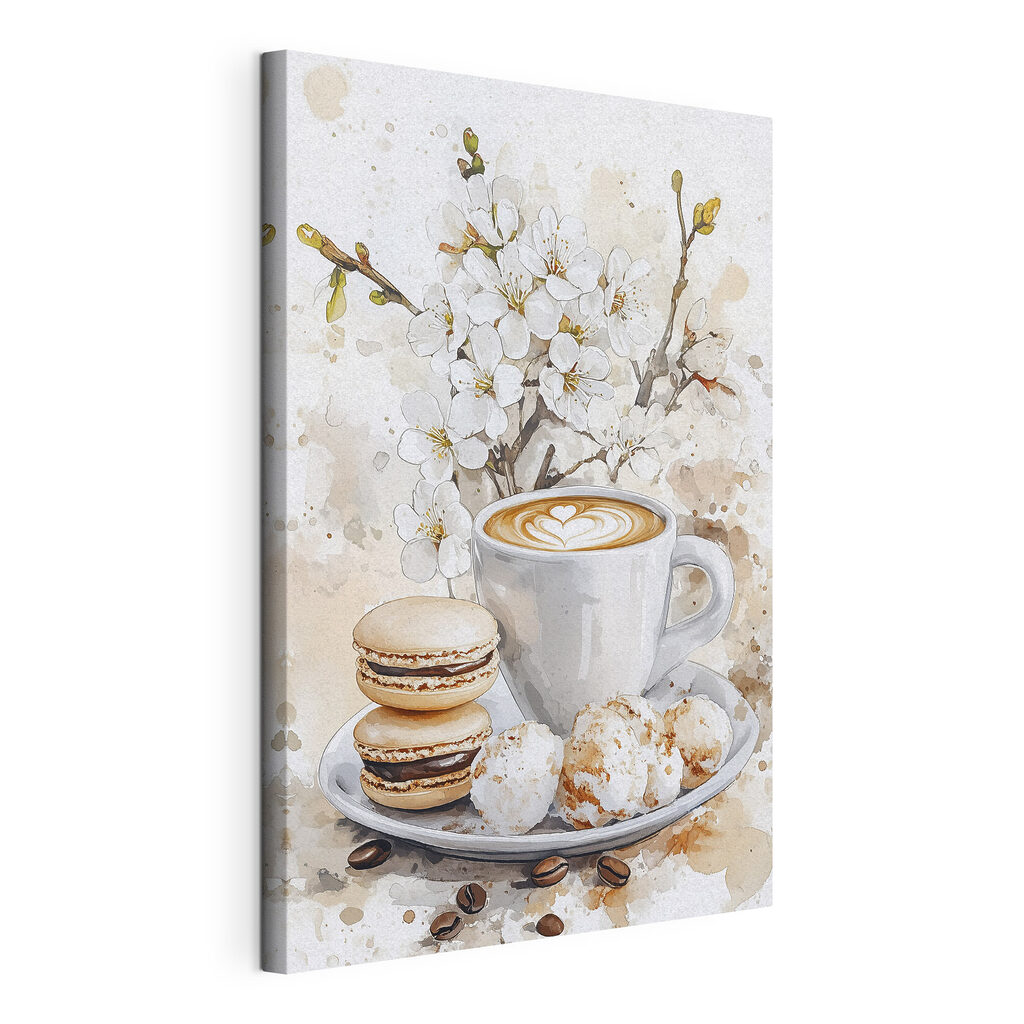 Cappuccino und weiße Blüten, gespannte Leinwand mit umlaufender Kante