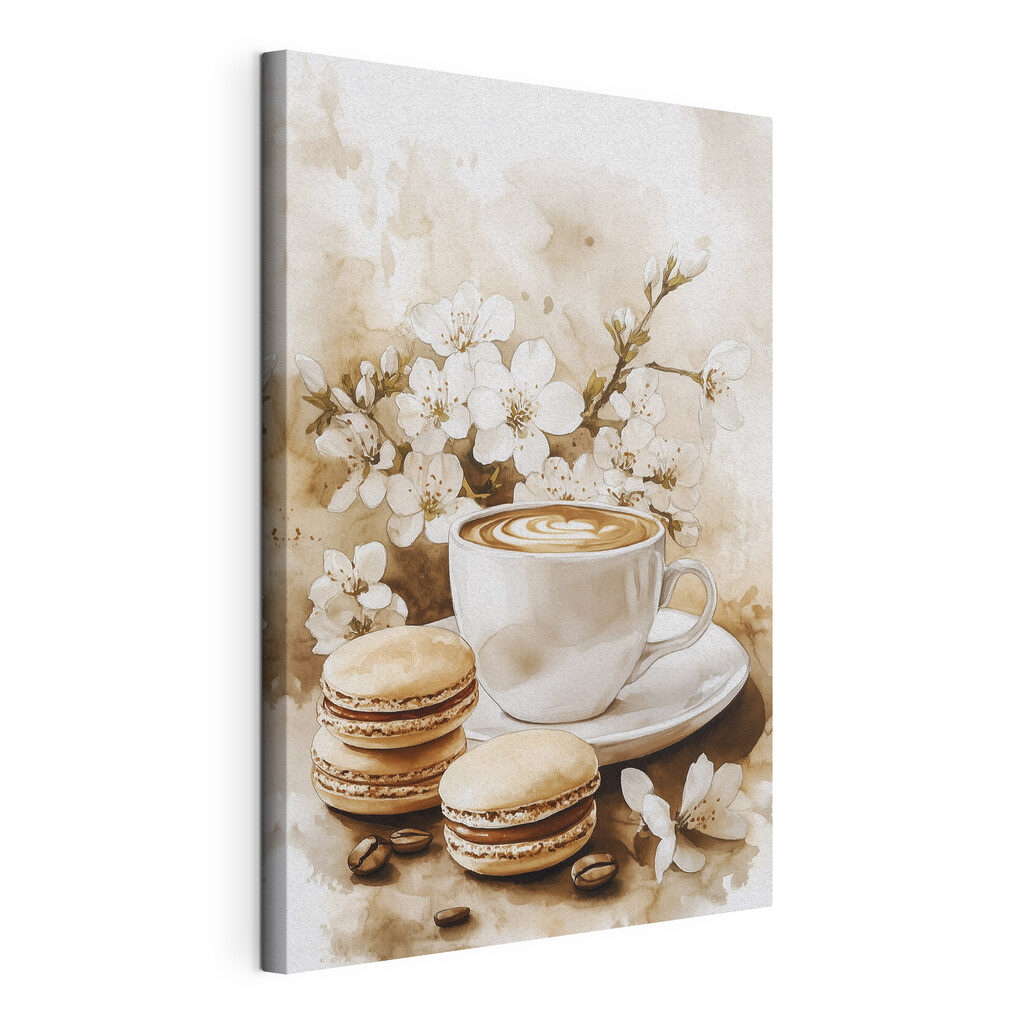 Zwei Macarons neben Kaffee, gespannte Leinwand mit umlaufender Kante