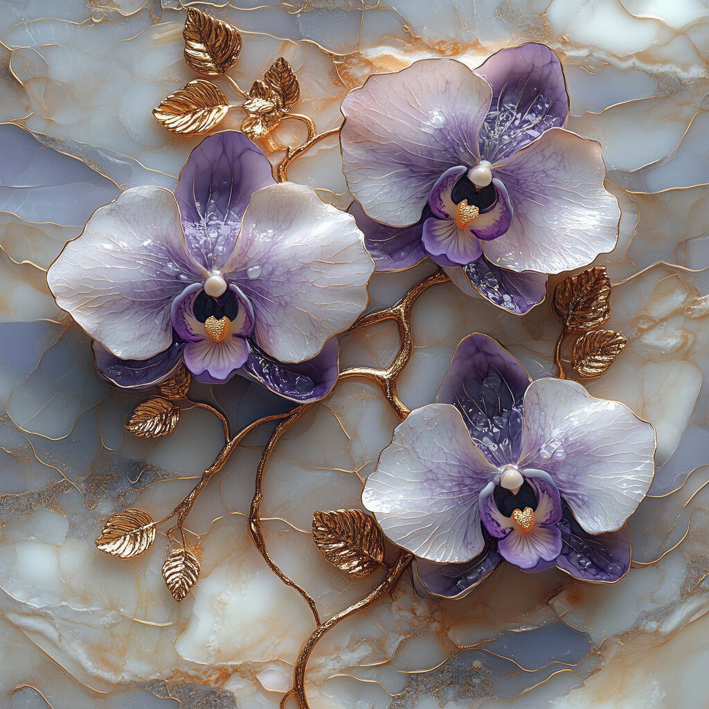 Violette Orchideen an Goldadern — ganzes Design