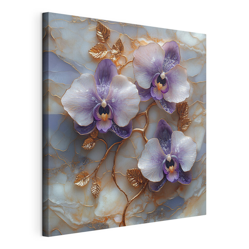 Violette Orchideen an Goldadern, gespannte Leinwand mit umlaufender Kante