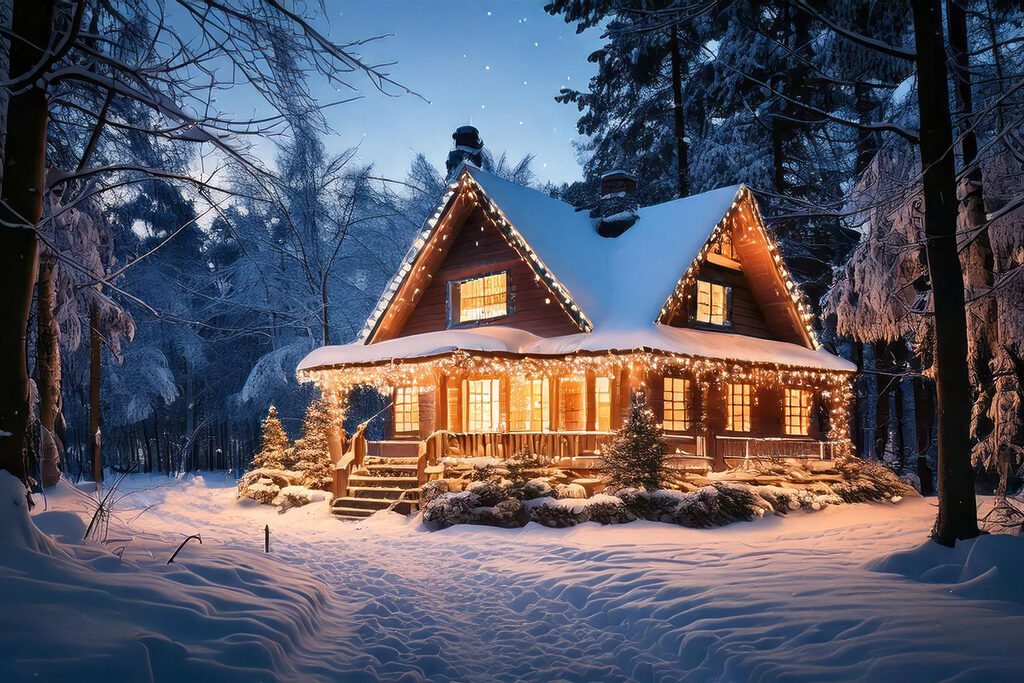 Weihnachtshaus im nachtblauen Schnee — ganzes Design