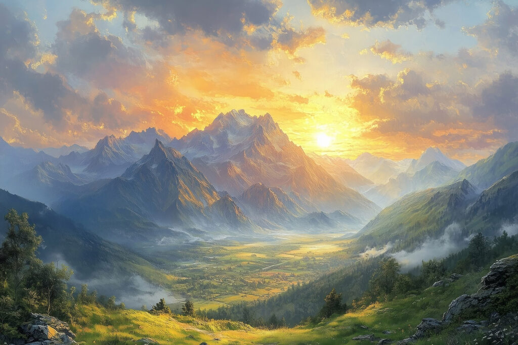 Goldene Bergsonne über Grün — ganzes Design