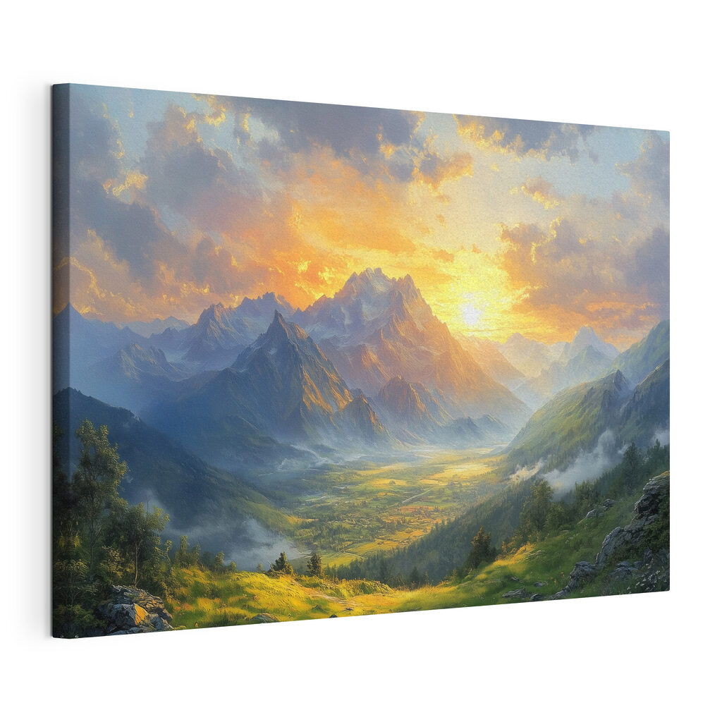 Goldene Bergsonne über Grün, gespannte Leinwand mit umlaufender Kante