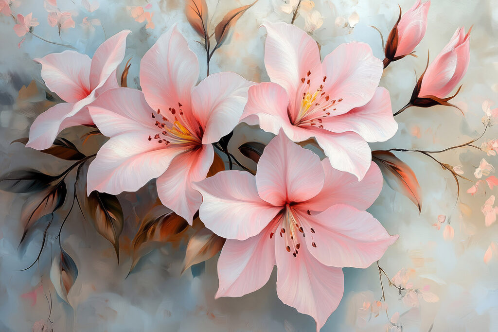 Rosa Blüten auf Hellgrau — ganzes Design