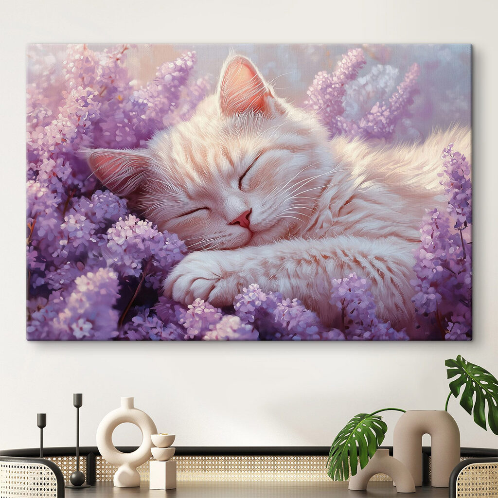 Schlafendes Kätzchen in Lila in einem Interieur