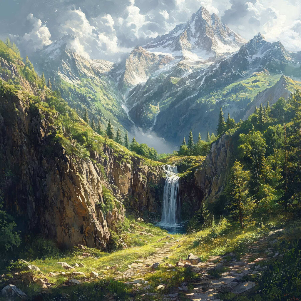 Wasserfall unter Berggipfeln — ganzes Design