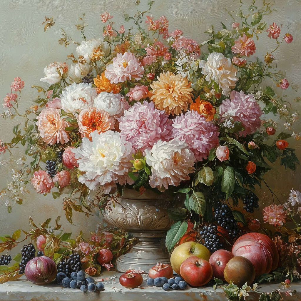 Dahlien über einer Obstschale — ganzes Design