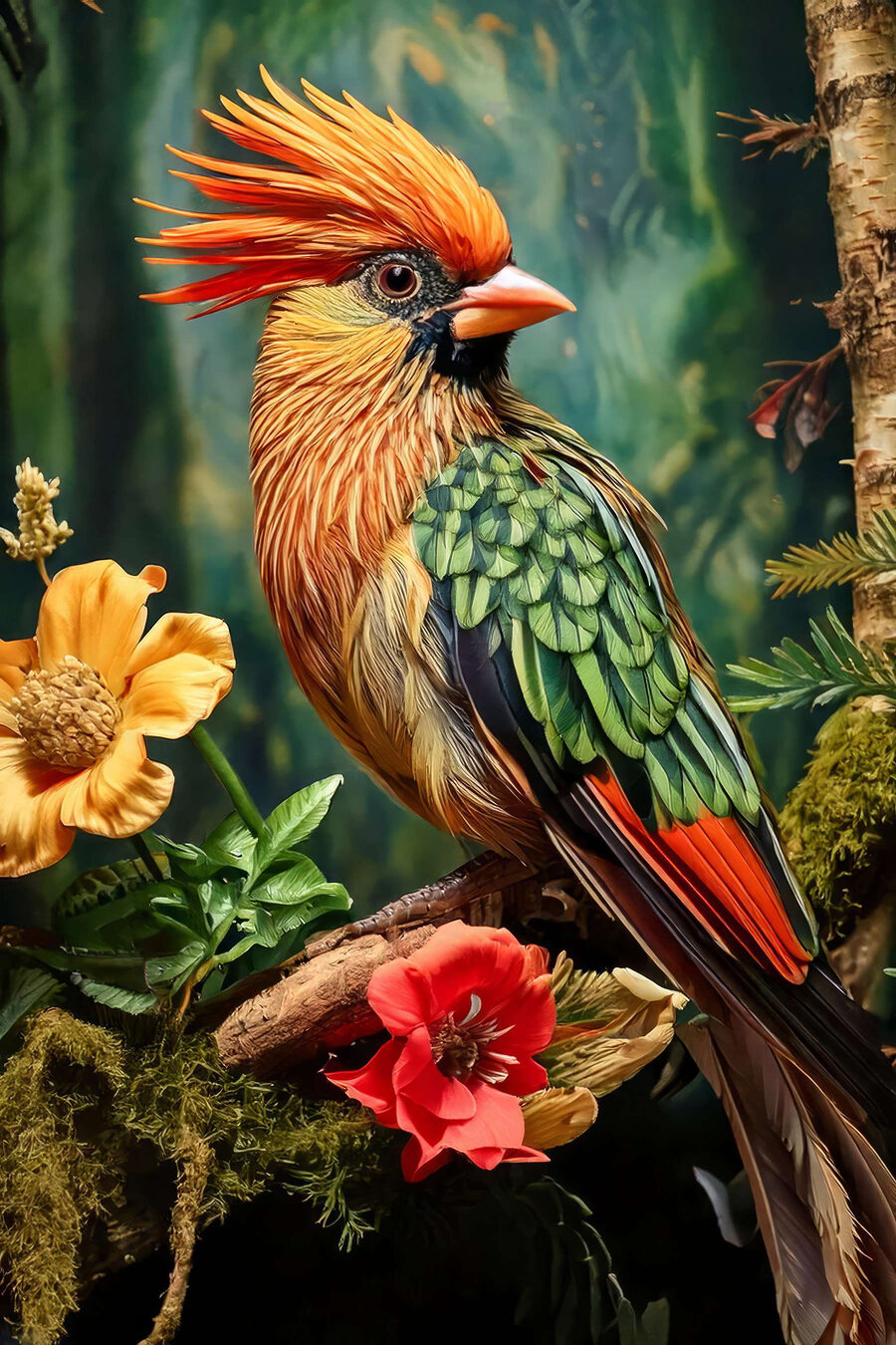 Haubenvogel zwischen Tropenblüten — ganzes Design