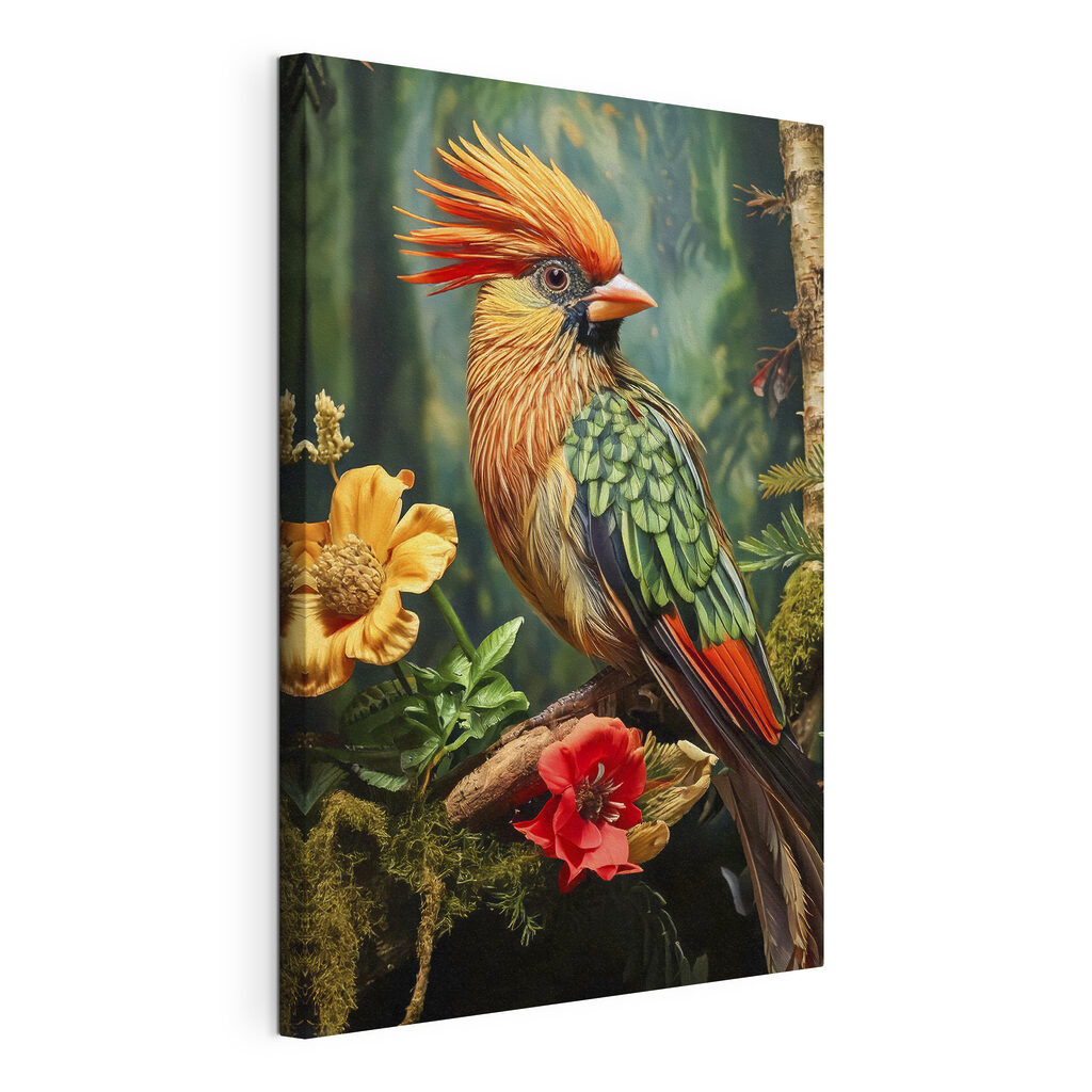 Haubenvogel zwischen Tropenblüten, gespannte Leinwand mit umlaufender Kante