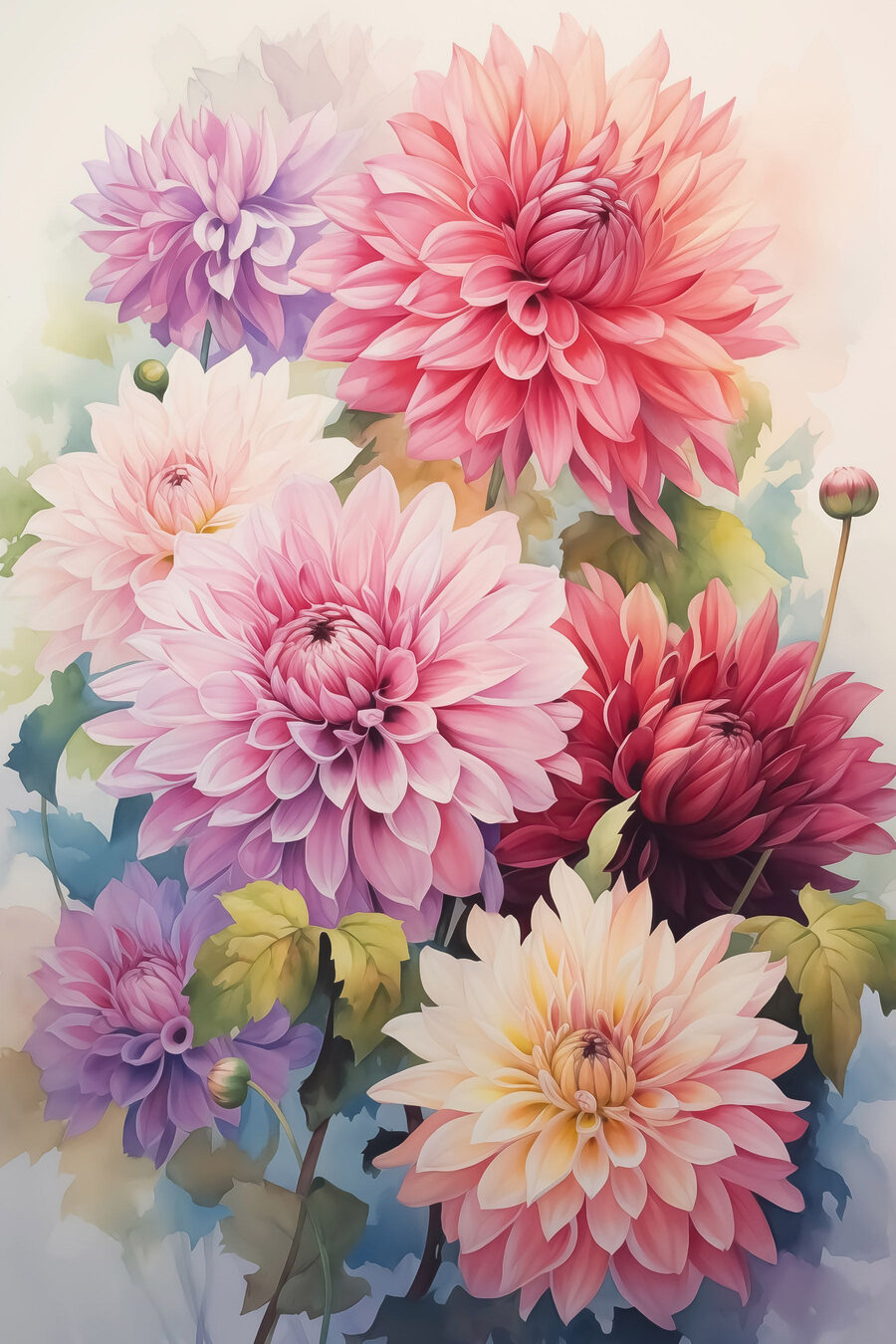 Dahlien in fröhlichem Aquarell — ganzes Design