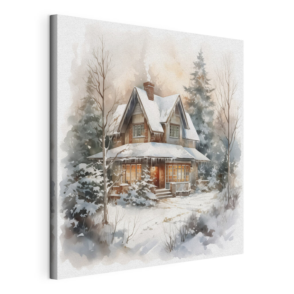 Winterhaus im Schneenebel, gespannte Leinwand mit umlaufender Kante