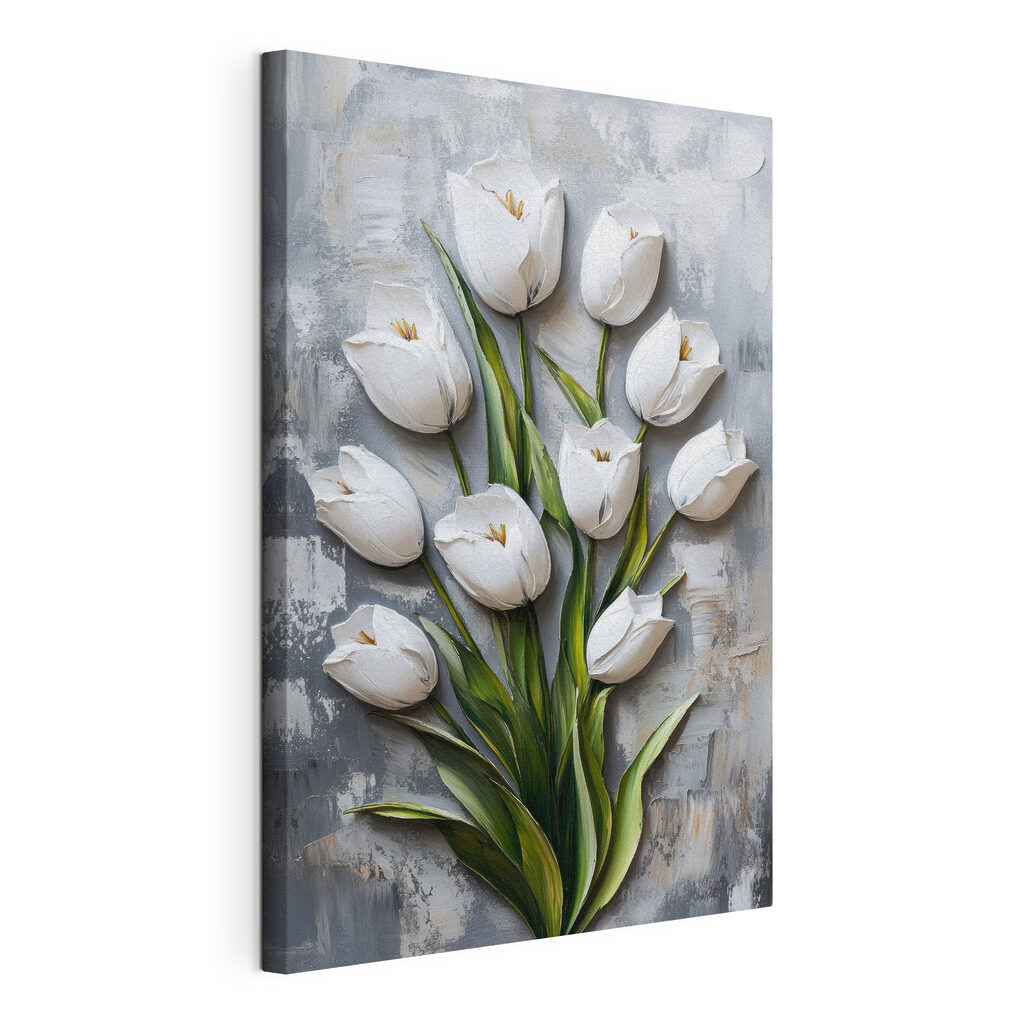 Weiße Tulpen in Pinselstrichen, gespannte Leinwand mit umlaufender Kante