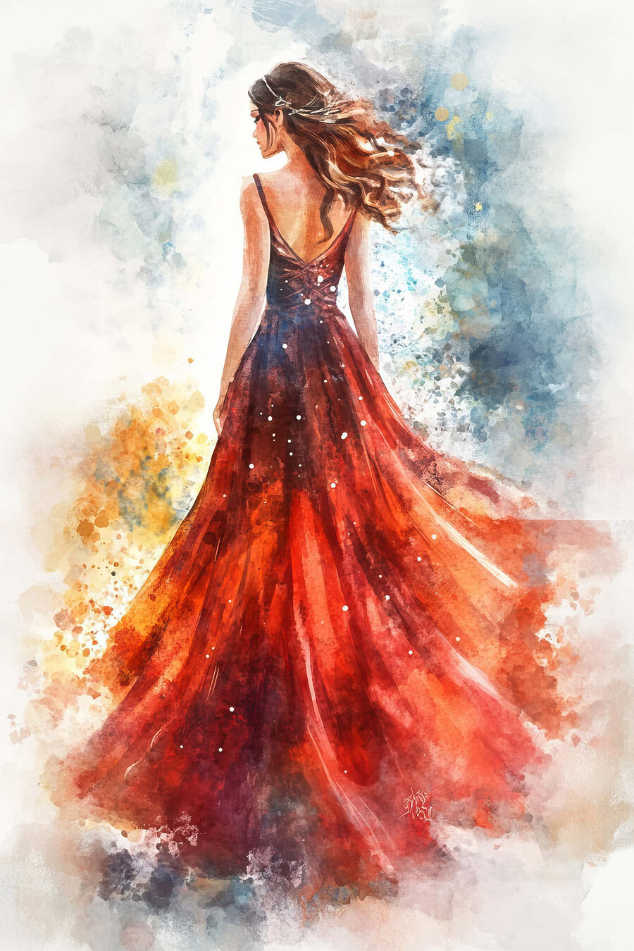 Rotes Kleid in Aquarell — ganzes Design