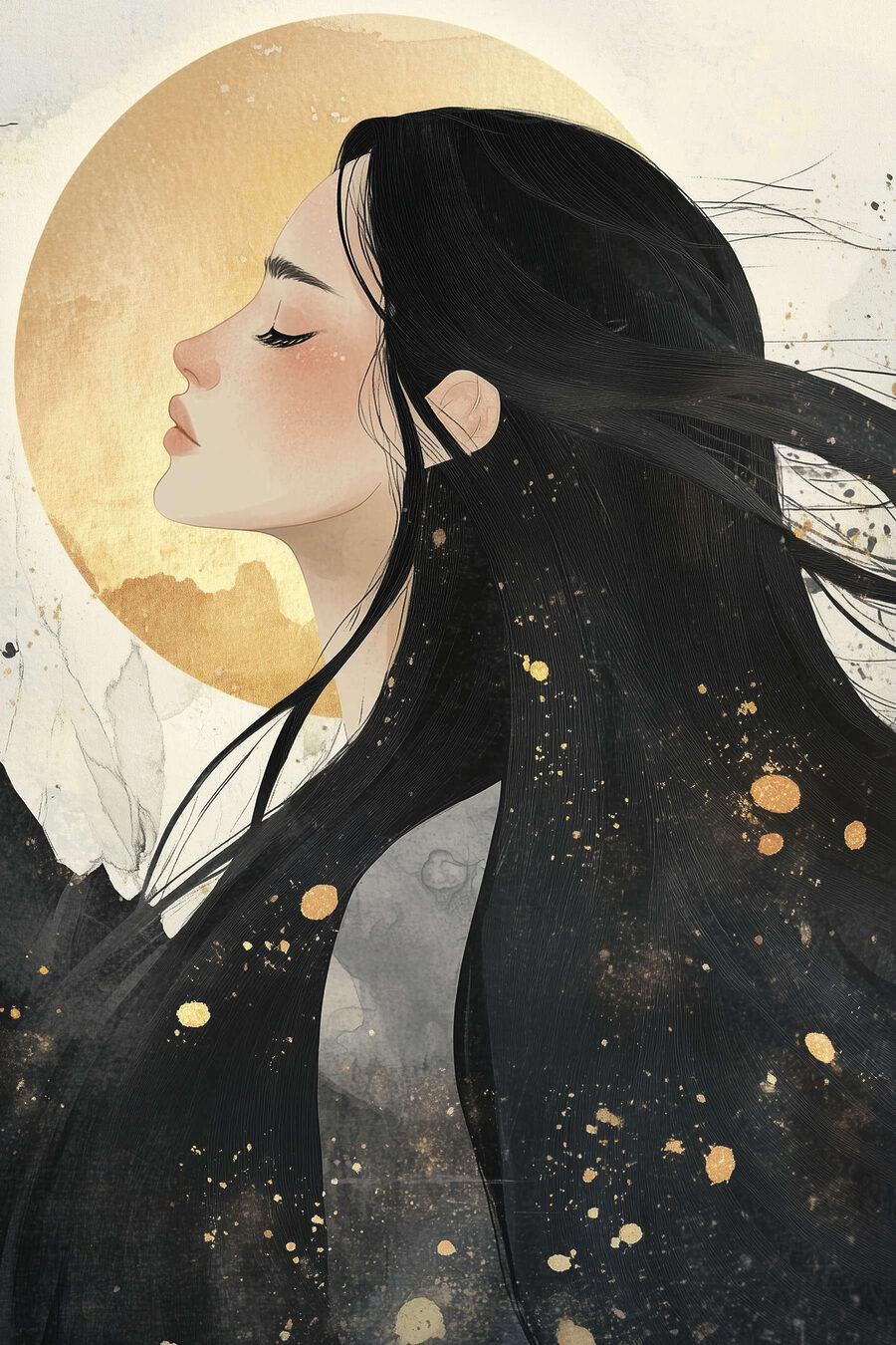 Profil vor goldenem Mond — ganzes Design