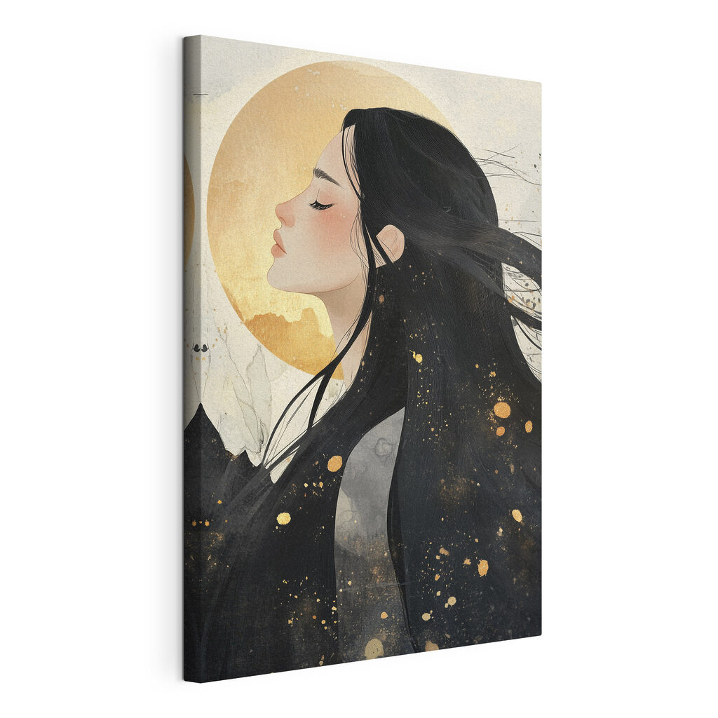 Profil vor goldenem Mond, gespannte Leinwand mit umlaufender Kante