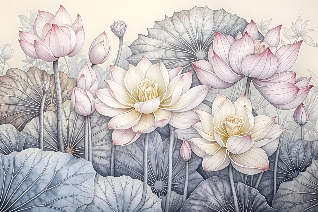Lotusblüten mit Blattadern — ganzes Design