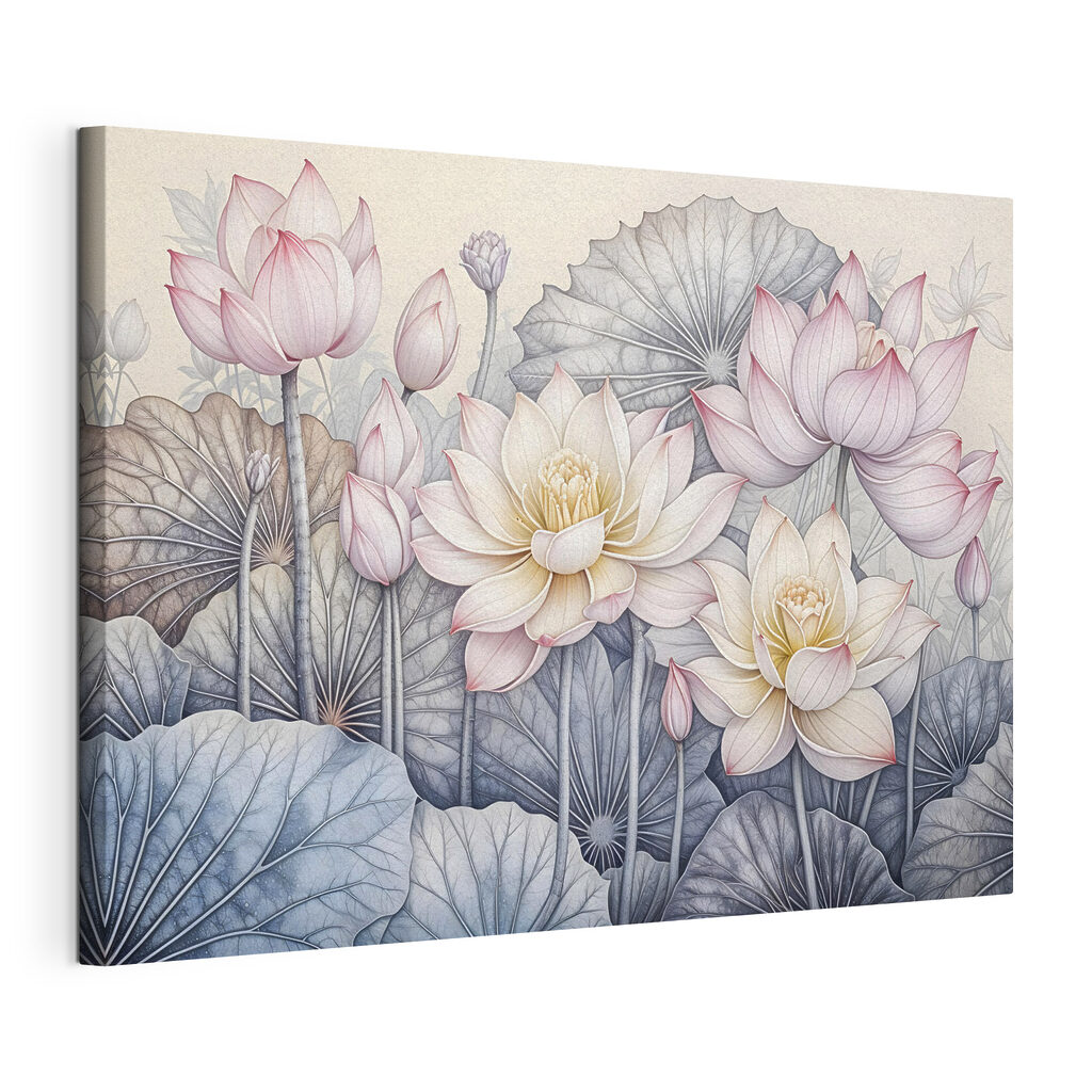 Lotusblüten mit Blattadern, gespannte Leinwand mit umlaufender Kante