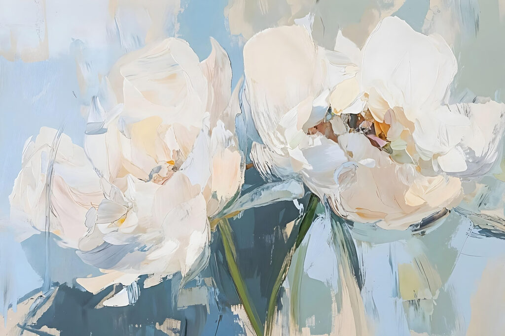 Weiße Tulpen vor Hellblau — ganzes Design