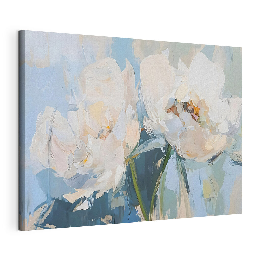 Weiße Tulpen vor Hellblau, gespannte Leinwand mit umlaufender Kante