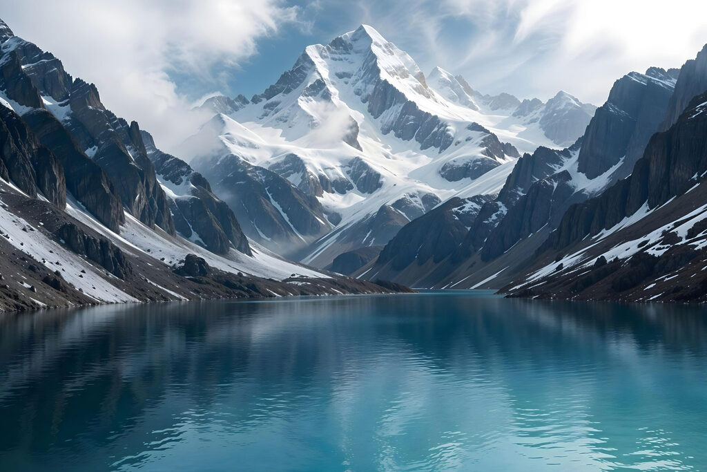 Schneegipfel über türkisfarbenem Bergsee — ganzes Design