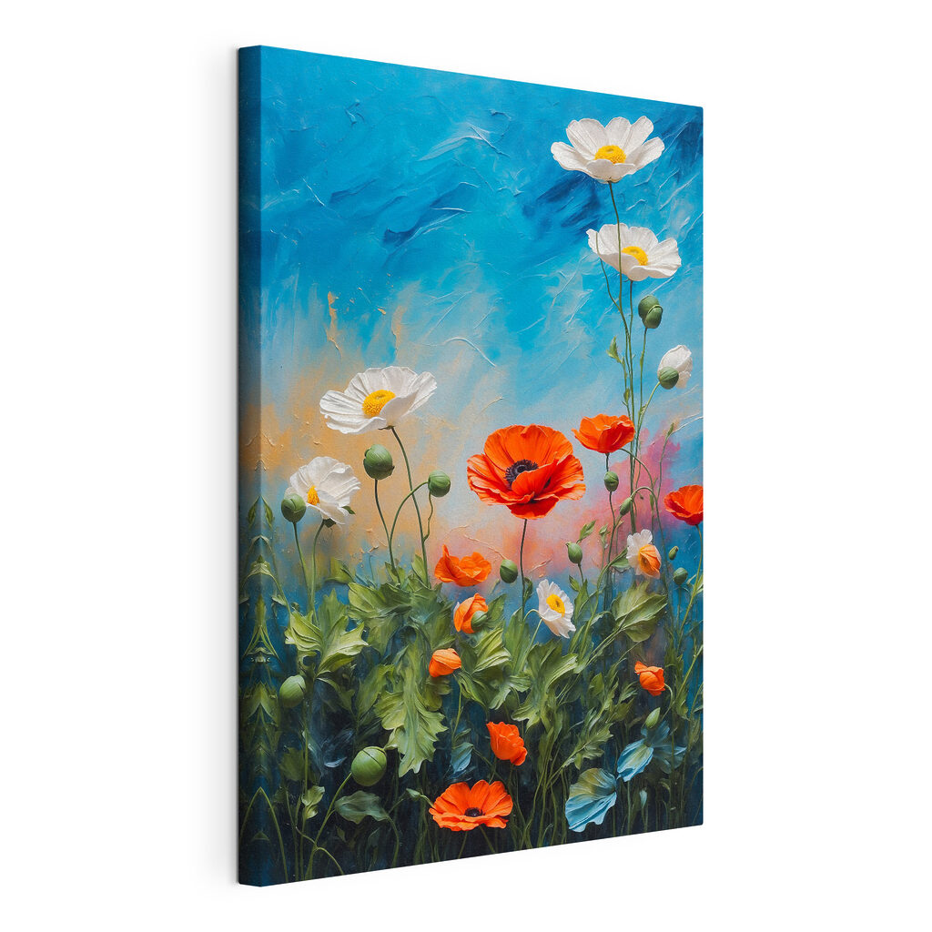 Feldblumen unter blauem Himmel, gespannte Leinwand mit umlaufender Kante