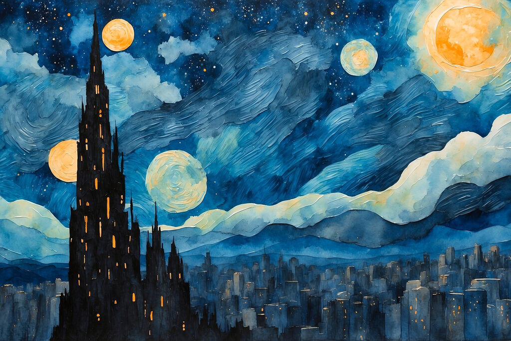 Turm unter wirbelndem Sternenhimmel — ganzes Design
