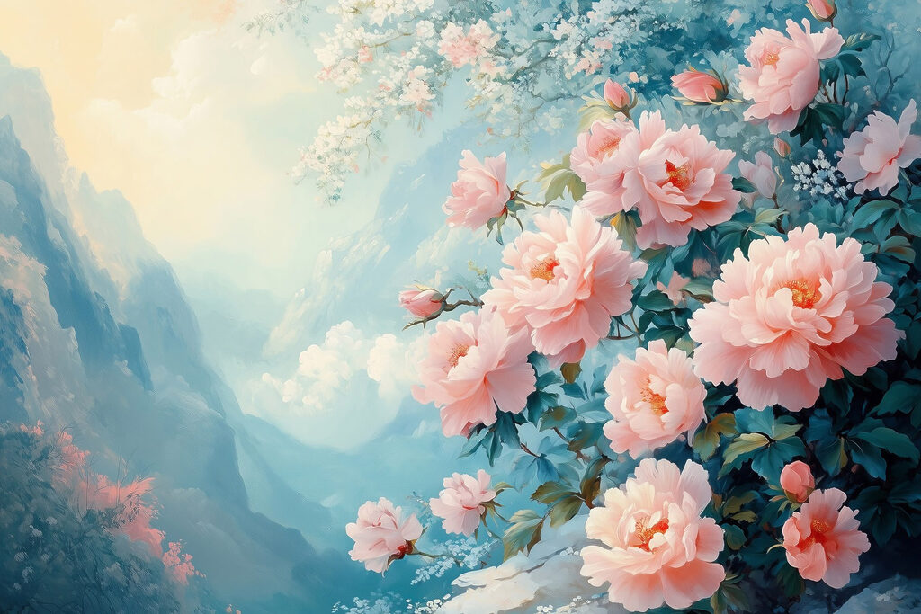 Rosa Rosen über Bergnebel — ganzes Design