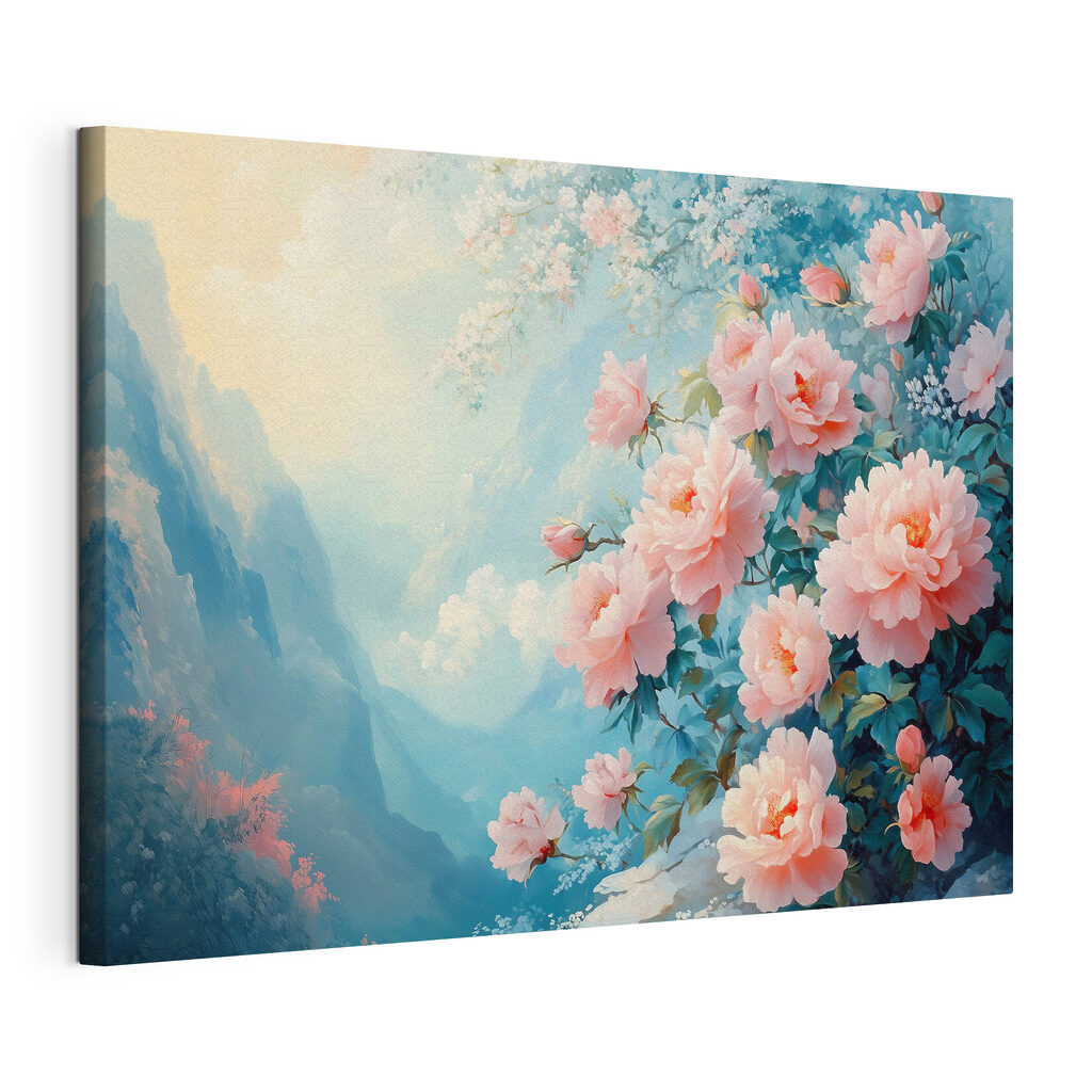 Rosa Rosen über Bergnebel, gespannte Leinwand mit umlaufender Kante