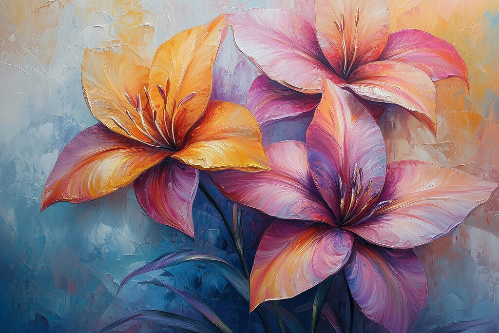 Lilien in warmen Lilatönen — ganzes Design