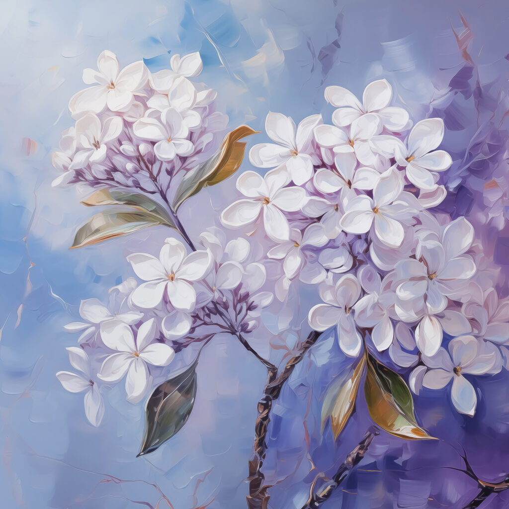 Lila Blüten auf Blau — ganzes Design