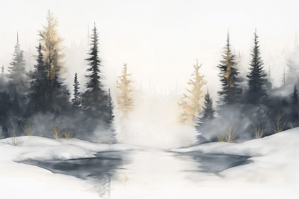 Kiefern am stillen Winterteich — ganzes Design