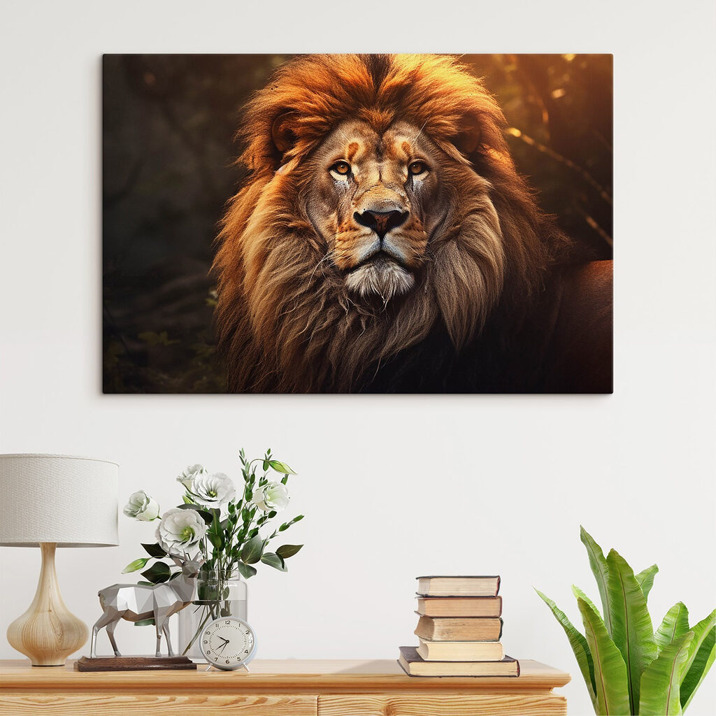 Löwe mit sonnenbeschienener Mähne in einem Interieur