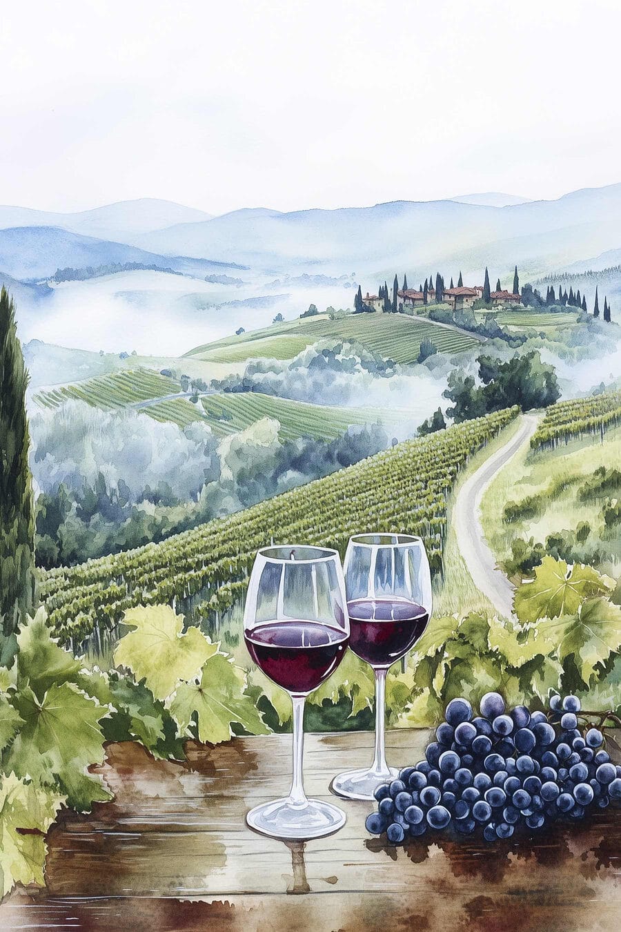 Zwei Weingläser über Weinbergen — ganzes Design