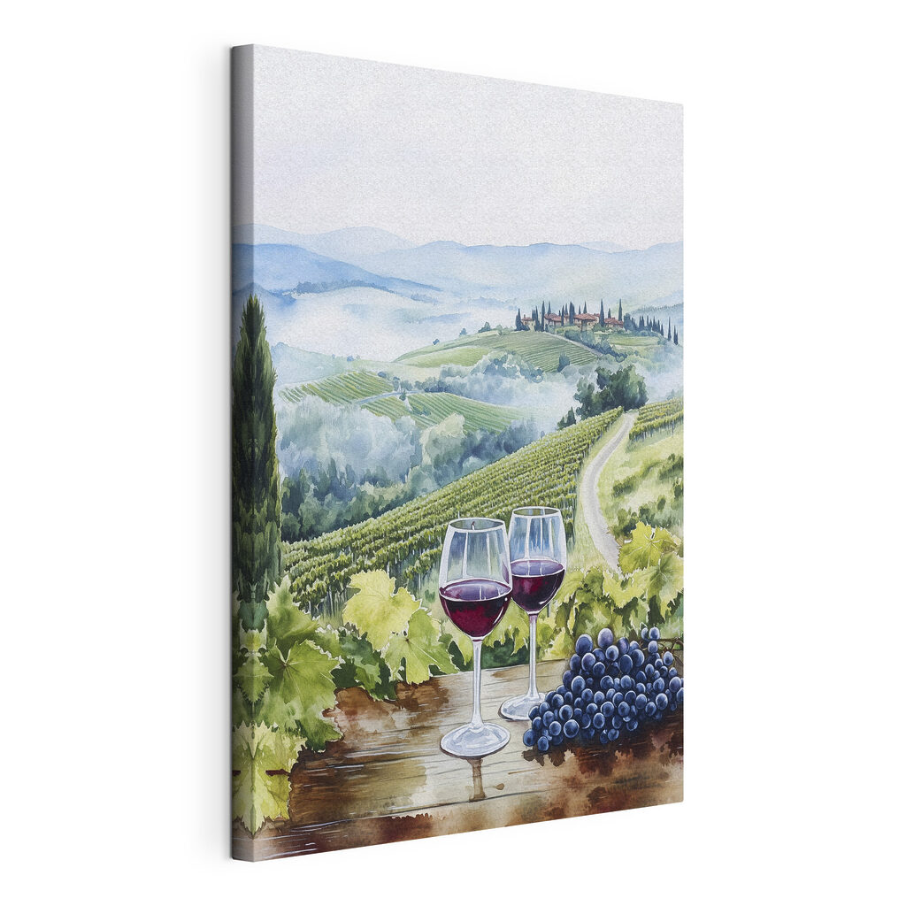 Zwei Weingläser über Weinbergen — Produktansicht