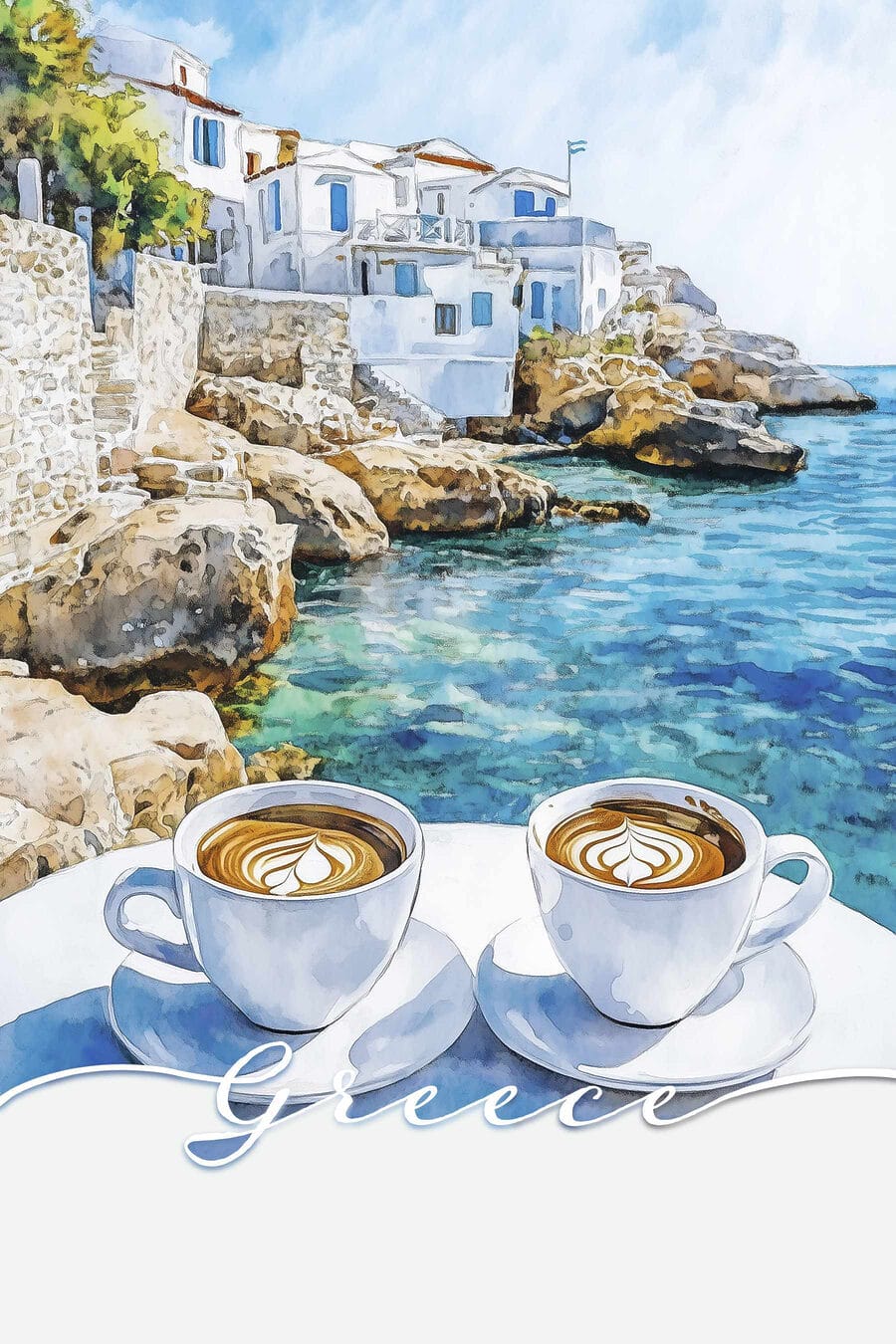 Cappuccino über azurblauer Bucht — ganzes Design
