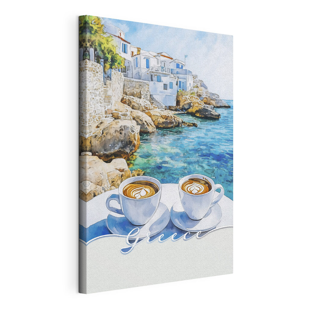 Cappuccino über azurblauer Bucht, gespannte Leinwand mit umlaufender Kante