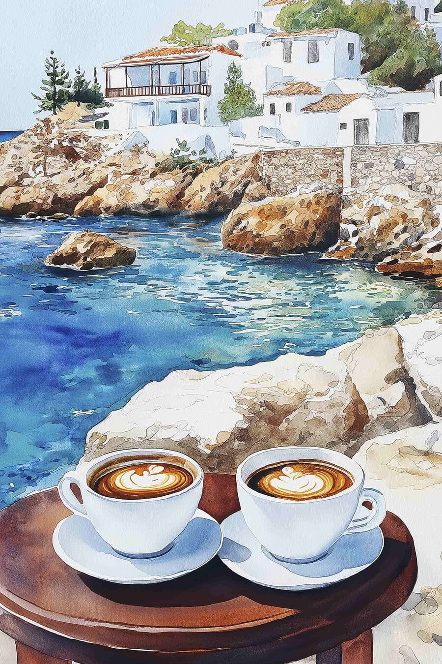 Kaffee bei weißen Küstenhäusern — ganzes Design