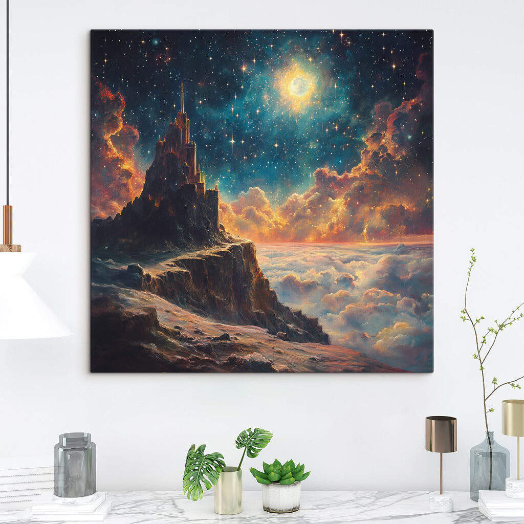 Burg unter Sternenwolken in einem Interieur