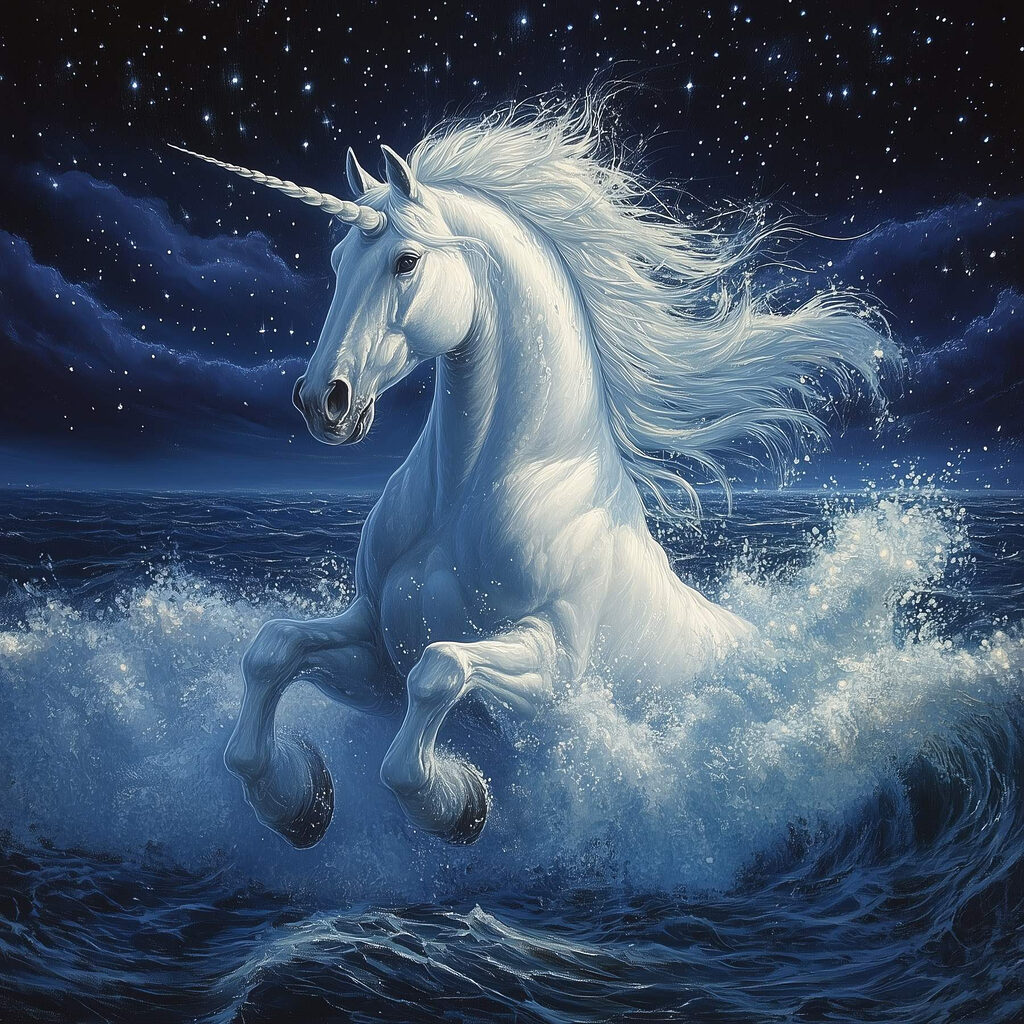 Einhorn in nächtlicher Brandung — ganzes Design