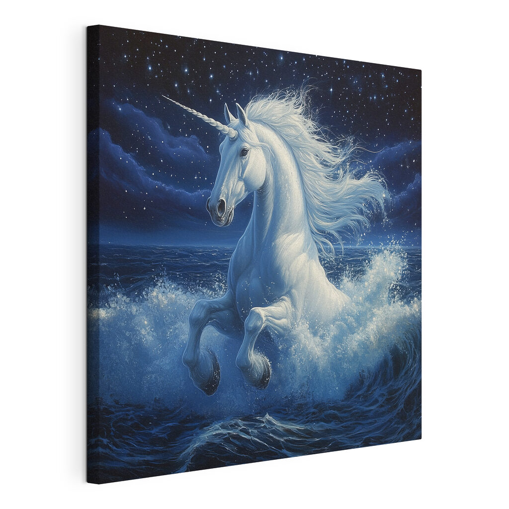 Einhorn in nächtlicher Brandung, gespannte Leinwand mit umlaufender Kante
