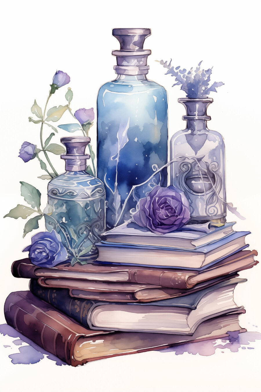 Violette Fläschchen auf Büchern — ganzes Design