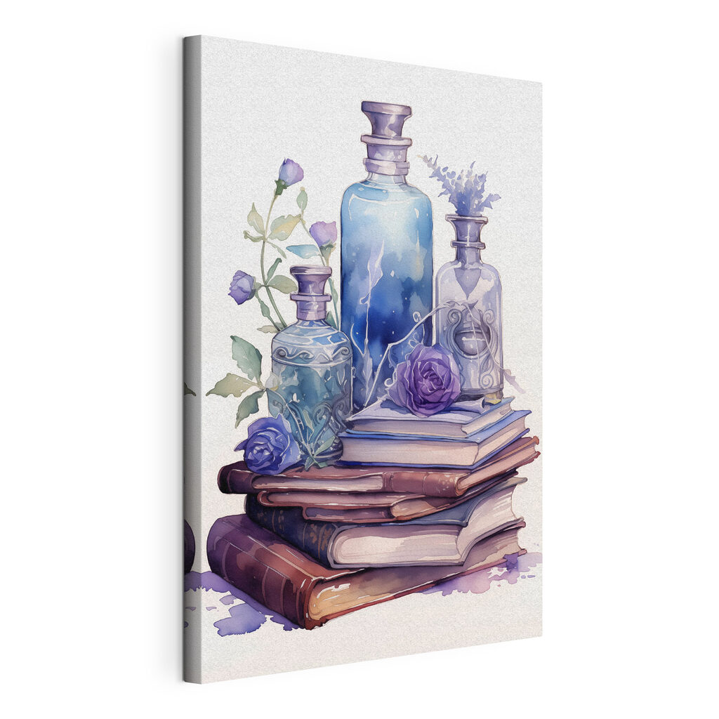 Violette Fläschchen auf Büchern — Produktansicht