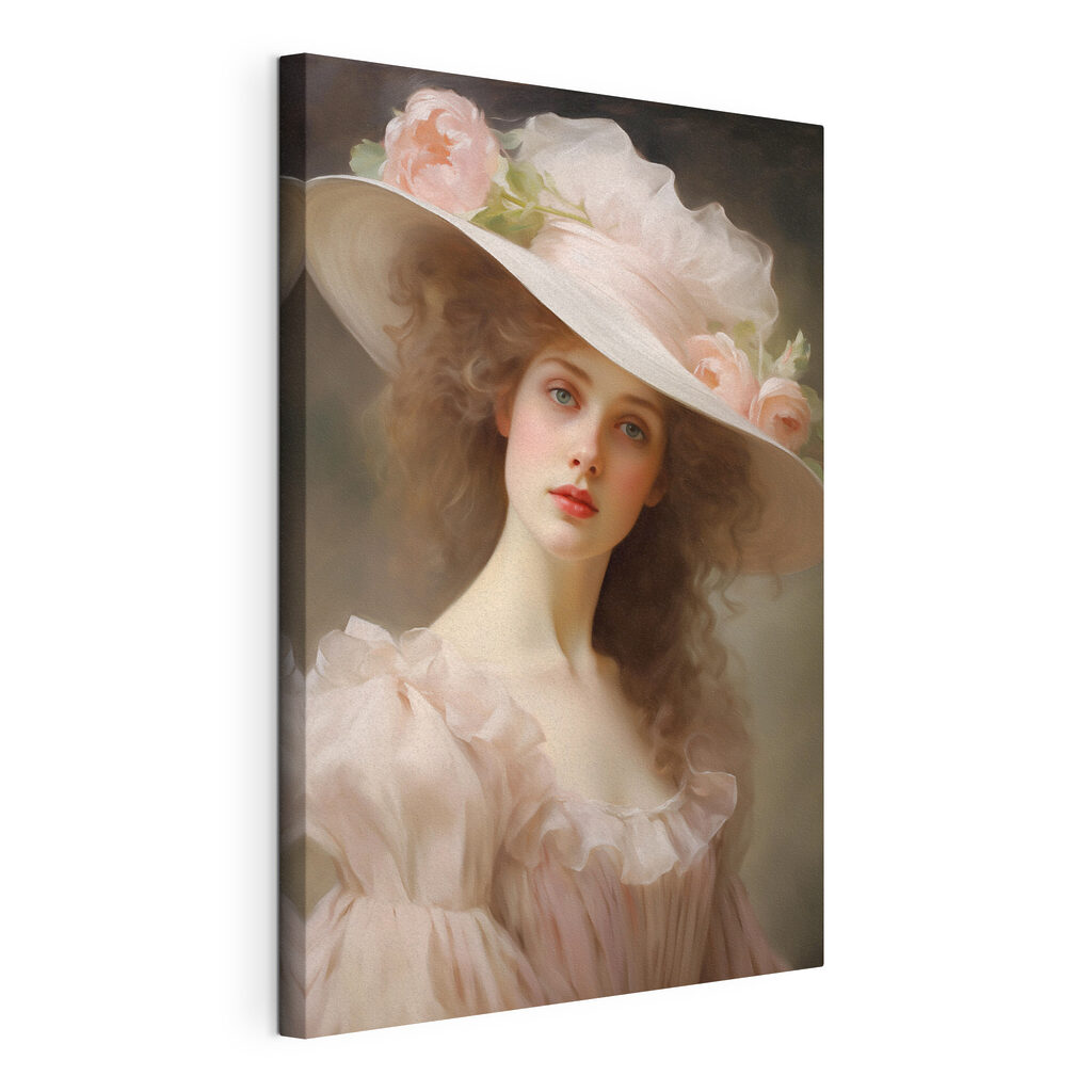 Frau mit rosa Blumenhut, gespannte Leinwand mit umlaufender Kante