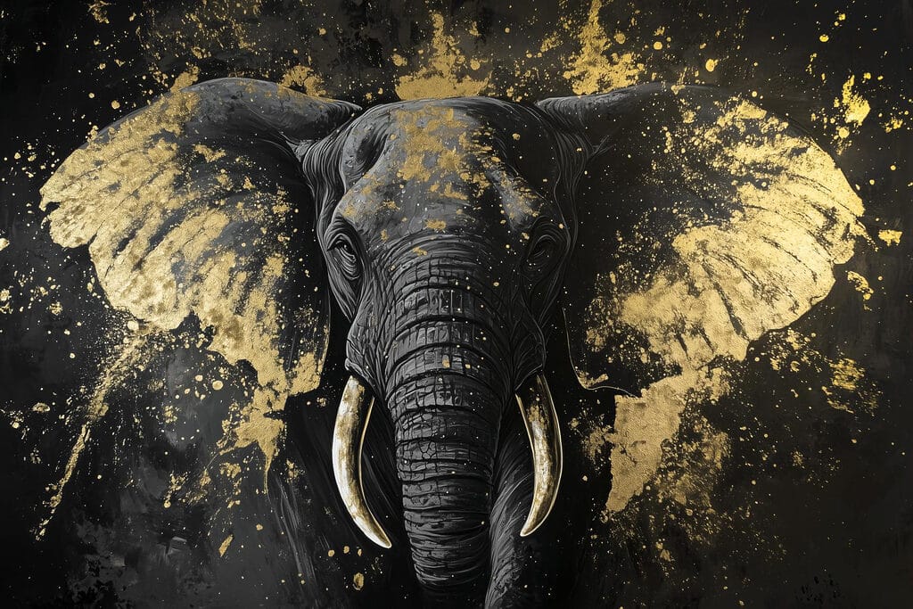 Elefant zwischen Goldspritzern — ganzes Design