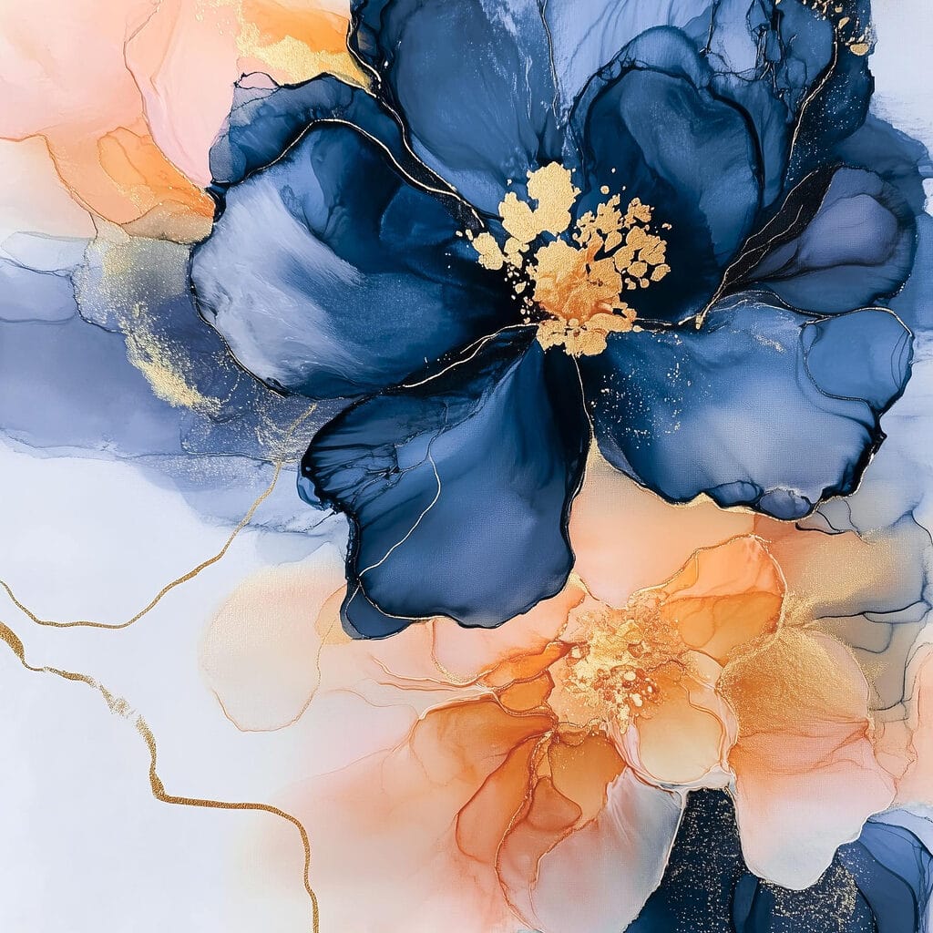 Blaue Blüte zwischen Pfirsichflecken — ganzes Design