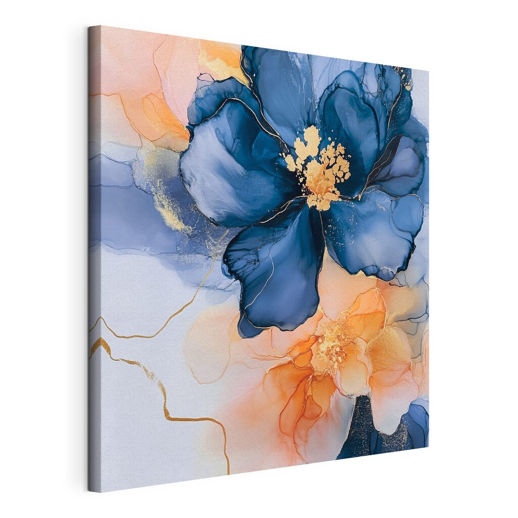 Blaue Blüte zwischen Pfirsichflecken, gespannte Leinwand mit umlaufender Kante