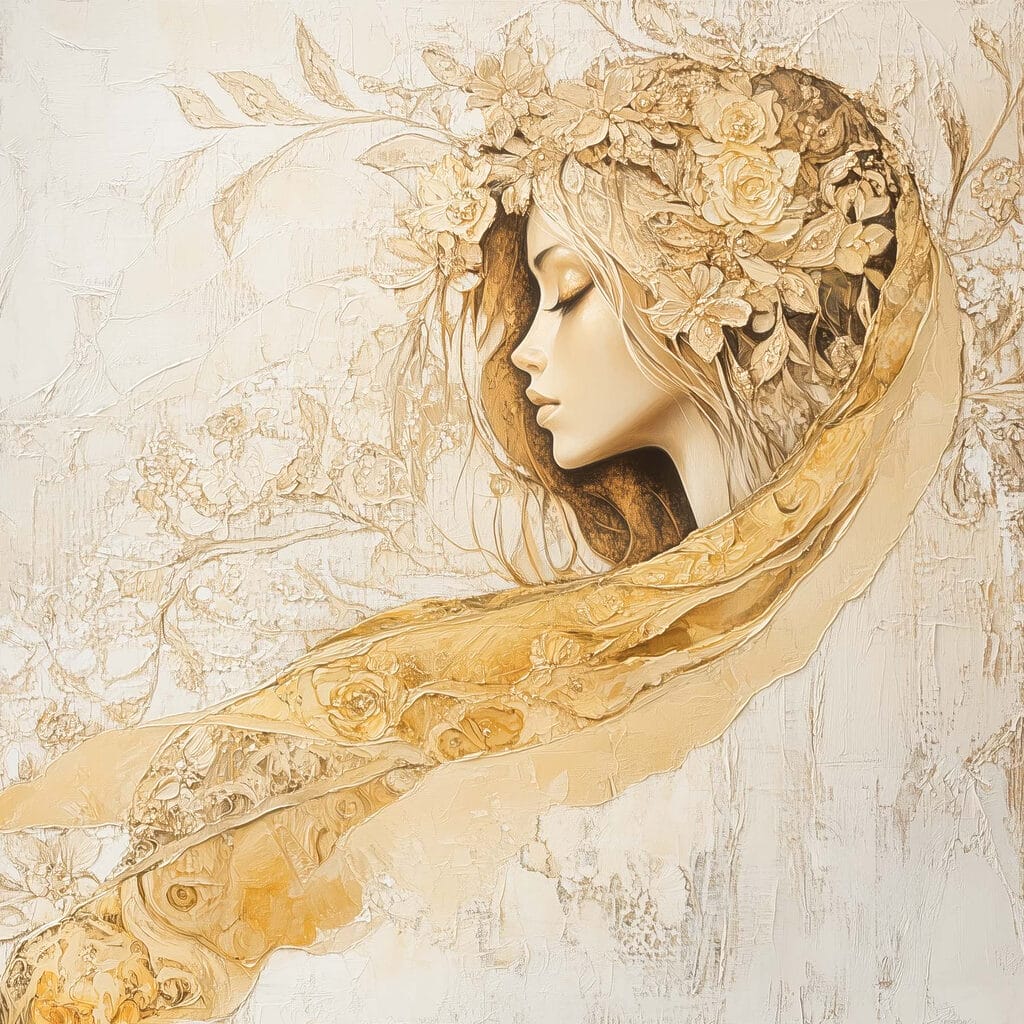 Frauenprofil mit goldenem Schleier — ganzes Design